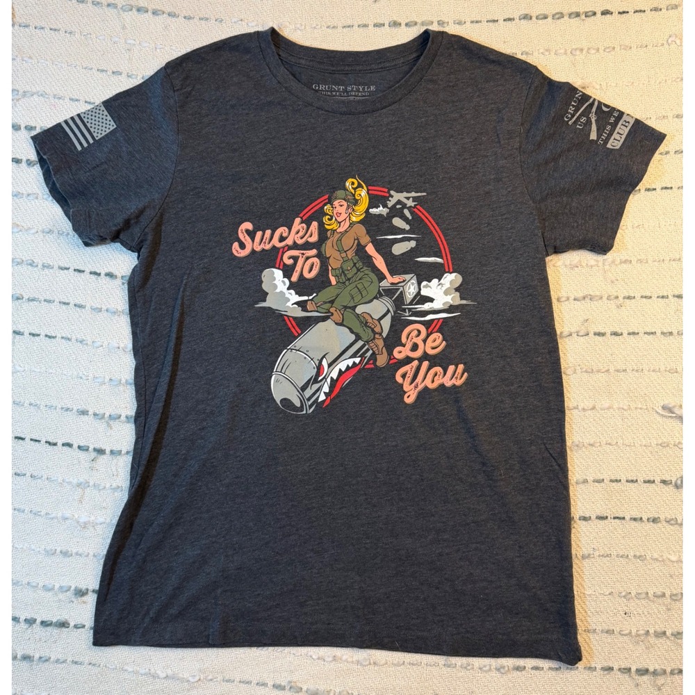Grunt Style Sucks To Be You Pinup Girl Graphic Tee Charcoal Gray 2XL Women